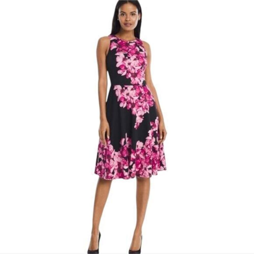 WHBM White House Black Market Pink and Black Floral Midi Skater Dress Size 6